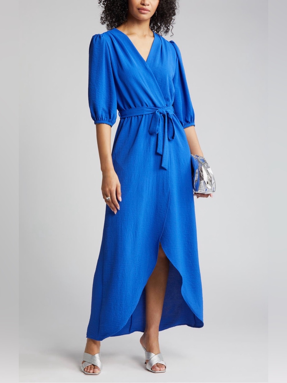 Fraiche by J Royal Blue Puff Sleeve Faux Wrap Maxi Dress S NWT
